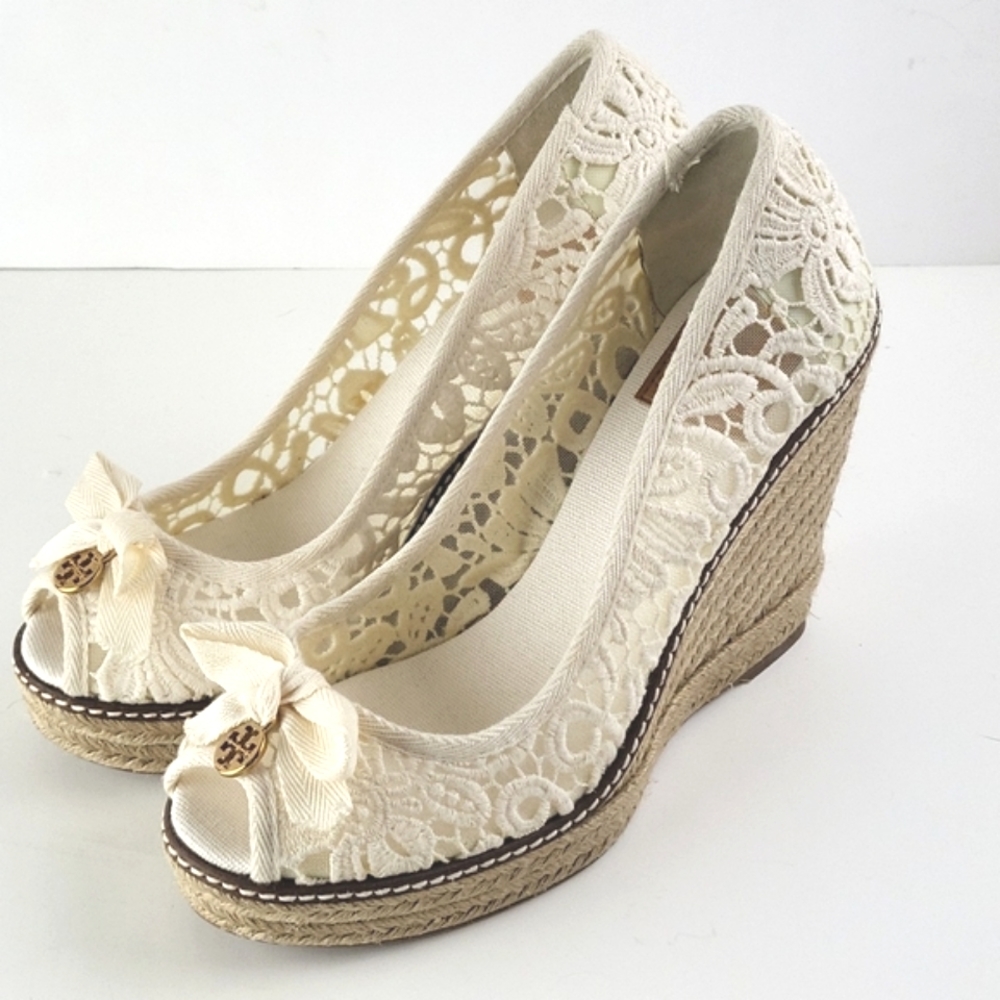 Tory Burch Jackie Lace Peep-toe Slip-on Espadrille Wedge Ivory Cream